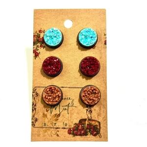 Set of Three Stud Earrings in Blue, Red, and Brown